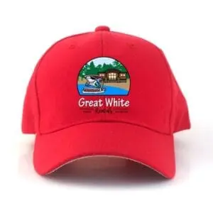 A red hat with the words " great white " on it.