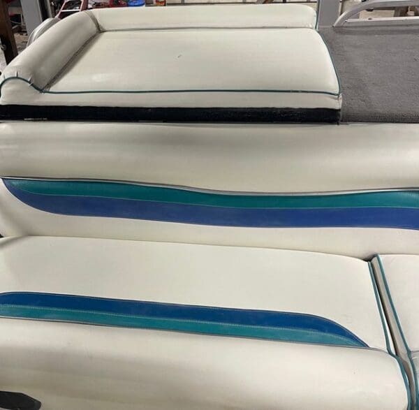 White and blue boat seats with trim.