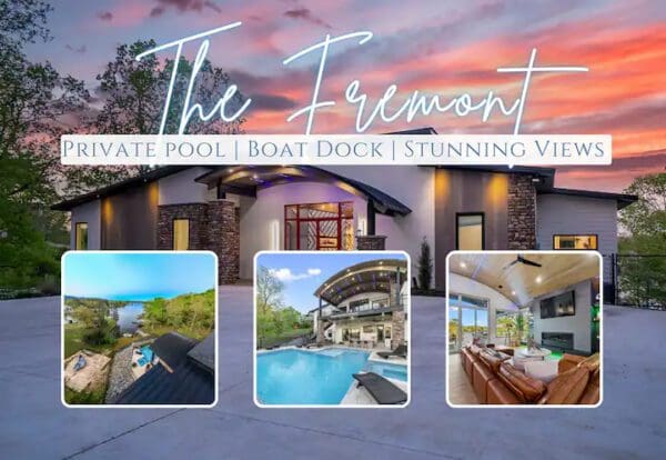 Modern vacation rental named "THE FREMONT Lakefront Luxe / Lake Hamilton" featuring a private pool, boat dock, and stunning views. Multiple images showcase the amenities and interior, set against a sunset sky backdrop.