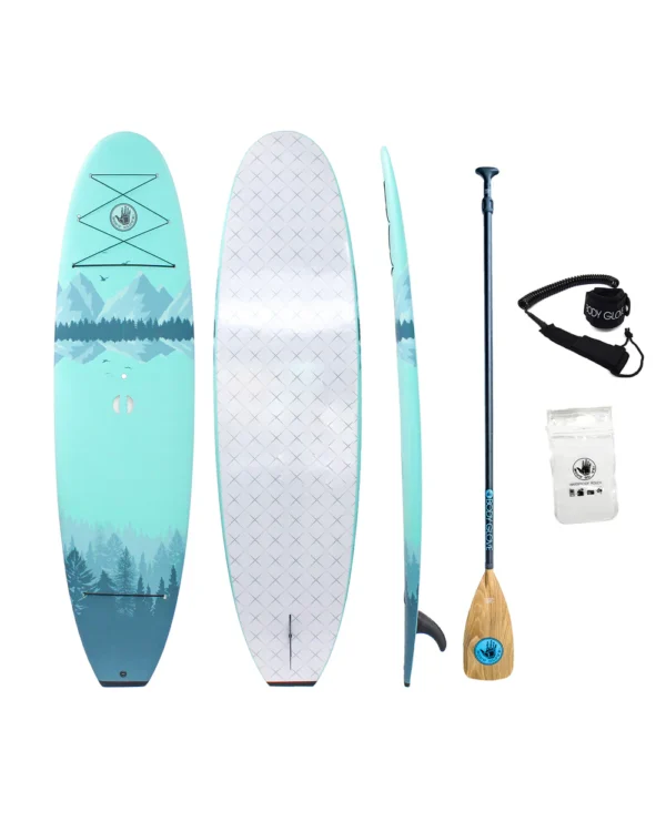 Blue and white Body Glove paddle board set.